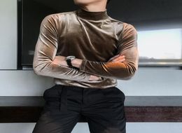 Men039s TShirts Autumn Long Sleeve T Shirts Men Fashion Clothes 2021 Velvet Stretched Turtleneck Slim Fit All Match Solid2771888