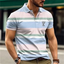 Fashion Gradient Stripe Print Polo T Shirt For Men Funny 3D Crown Letter Pattern Short Sleeve Casual Lapel Tops Summer Golf Wear 240507