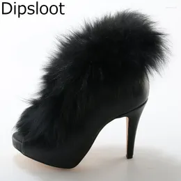 Boots 2024 Western Style Fashion Women Solid Black Zip Back Open Toe Big Fur Thin Heels Short Luxury Sandals