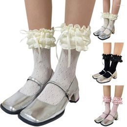 Women Socks Japanese Sweet Bubble Ruffle Trim Middle Tube Calf For Ribbon Bowknot Hollowed Lace