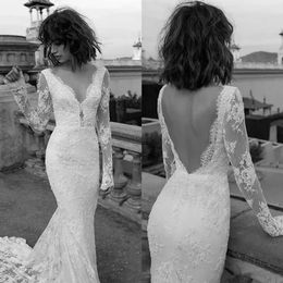 Rękawowe koronkowe długie czyste nowe Martinez Przyjazd Liz sukienka Bridal Sexy Backless Train