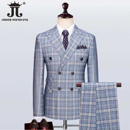 Men's Suits Blazers (jacket+vest+pants) High end brand fashionable plaid mens formal business suit 3Pce grooms wedding dress evening casual slim fit set Q240507