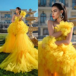 Lindos vestidos de baile amarelo Tule Lace Ruffle Robes Trem Noturna Plus Size Vestidos de noiva Custom Made 0431