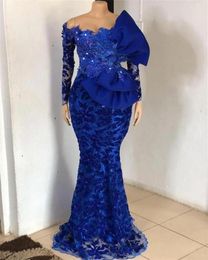 Royal Blue African Evening Dresses Lace sequins Beaded Off The Shoulder Mermaid Party Gowns Bridal prom Dress Long Sleeves4870670