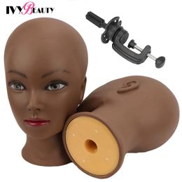 Female Bald Mannequin Head With Stand Holder Cosmetology Practise African Training Manikin Head For Hair Styling Wigs Making 240507