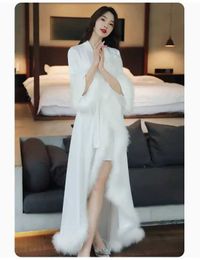 Women's Sleep Lounge Bridal Gown White Pearl or Feather Robes Nightdress Nightgown Womens Sleep Bachelorette Party Lounge Wedding Morning Kimono New