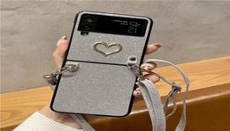 Glitter Love Hear Crossbody Chain Phone Case for Samsung Galaxy Z Flip3 5G Adjustable Lanyard Rope Sparkle Protective Shell Shockp1044389