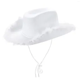 Berets Cowboy Hat For Adult White And Blue Colour Fluffy Feather Trim Felt Wide Brim Cowgirl Fashion Female Cap Dating Party