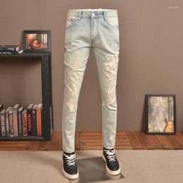 Men's Jeans Spring Thin Light Blue Spray Paint Distressed Fashion Trendy Elastic Slim Fit Patch Straight Leg Casual Denim Pants