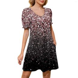 Casual Dresses Women'S Puff Short Sleeve Print V-Neck Cocktail Dress With Pockets Fashionable And Simple Female