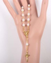 Religious Vintage Prayer Women Christian Bead Chain glass pearl Catholic Rosary Bracelet gold color 2110145391977