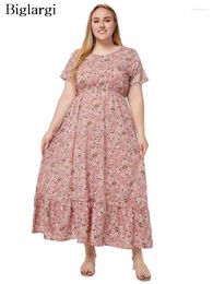 Plus Size Dresses Summer Long Dress Women Flower Floral Print Fashion Loose Ruffle Pleated Ladies Short Sleeve Woman