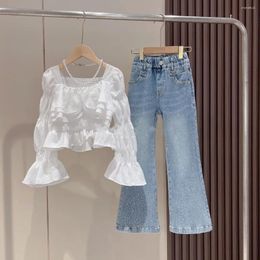 Clothing Sets Girls Spring Set 2024 Girl's Fashionable White Lace Top With Beautiful Design Pants And Two Piece Kids Cute Clothes