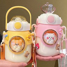 Cups Dishes Utensils Cute childrens water bottle with straw suitable for girls 820ml large capacity Cavai cartoon student school travel water cupL2405