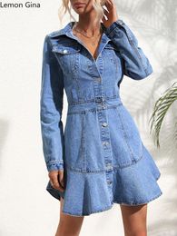 Casual Dresses Lemon Gina Women Denim Single Breasted Ruffles Hem Birthday Mermaid Dress 2024 Street Fashion Jean Tunic Vestidos