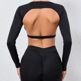 Women's T-Shirt Sexy Hollow Backless Long Slve Sporty Crop Top for Women Sportswear Gym Short T-Shirts Top with Paded Lady Shirts T240507