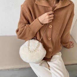Shoulder Bags 2024 Wool Bag Pearl Portable Small Round Personality Plush One-shoulder Messenger Purses