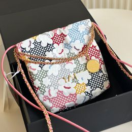 Multi-coloured Embroidery Flowers Decoration Designer 22 Garbage Bag Cotton Fabric Cartoon Pattern Gold Coin Charm Letters Women Shoulder Cross Handbag Purse 20cm