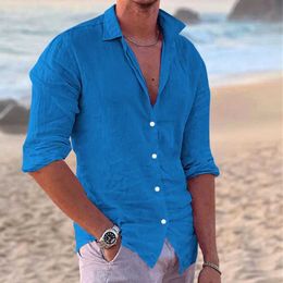 Men's Polos Mens cotton linen long sleeved single breasted muscle Cardigan beach shirt casual loose collar lightweight trendy topL2405