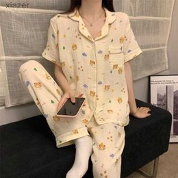Kvinnors sömnkläder Summer 2017 Cotton Short Sleeved Long Pants Pyjama Set Lämplig för kvinnor Söt tecknad pyjamasuppsättning pyjamas wx