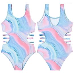 Women's Swimwear Summer Design Kids Tie-dye Print One-piece Swimsuit For Teen Girls Blue Swimwears Bathing Suits 5-15 Years