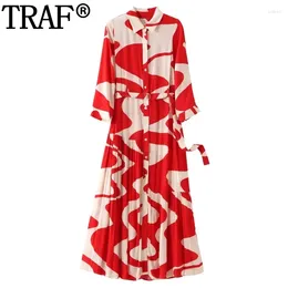 Casual Dresses 2024 Belt Shirt Dress Red Print Long Women Pleated Midi Summer Collared Button Up Elegant