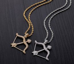 New Designed Iced Out Bow Arrow Pendant Solid Back Necklace Hip Hop Gold Silver Colour MensWomen Charm Chain Jewelry6898479