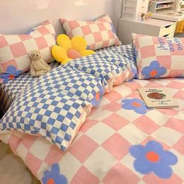 Bedding sets Nordic pink checkered down duvet cover set with pillowcases flat sheets children girls boys all queens double size Cavai bedding J240507