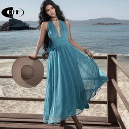 Casual Dresses OFF Summer Zevity Solid Blue Deep V-neck A-lline Midi Long For Women Chic Holiday Beach Party Evening Dress Vestido