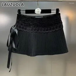 Skirts Casual Sweet Lace Pleated Cake Skirt 2024 Summer Fashion Elegant Women Lace-Up Bow A-Line Y2K