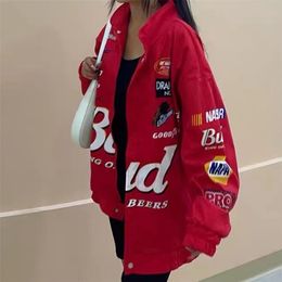 women winter jacket Coat Red Printed zipper Long Sleeve racing Jackets Vintage Sport Style Polyester Bomber Jacket Women 210827 225t