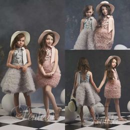 Dreamly A Line Flower Girl Halter Sleeveless Hollow Bow Sequins Ruffles Tulle Tiered Pageant Dress Knee Length Girl's Birthday Part 0431