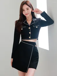 Work Dresses Fashion Lady Black Formal Short 2 Pieces Outfit Suits Women Cropped Tops Coat Blazer Suit And High Waist Mini Skirt Slim Set