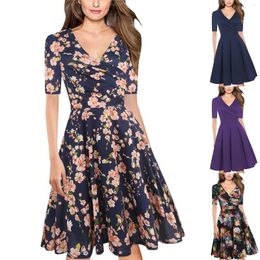 Casual Dresses Women's Half Sleeve V-neck Pleated Waistband Large Hem Slim Fit Dress Robe Ete Femme 2024 Tendance Long Official