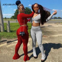 Women's Two Piece Pants ANJAMANOR Sexy Two Piece Outfits for Women Long Slve Crop Top and Flare Pants 2 Piece Sweat Suits Matching Sets D13-CI37 T240507