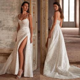 Bainha para Nova Milla Vestidos Glitter Glitter Spaghetti Vestido de noiva Robe de fenda de Mariee Lace para trás vestidos de noiva