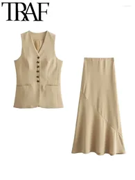 Work Dresses GAL 2024 Summer Office Women Khaki Long Blazer Vest V Neck Sleeveless Slim Top Female Elastic Waisted Skirt Maxi Skirts