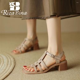 Dress Shoes RIZABINA Genuine Leather Women Sandals Narrow Band Chunky Heel Summer Lady T-tied Buckle Elegant Party Pumps
