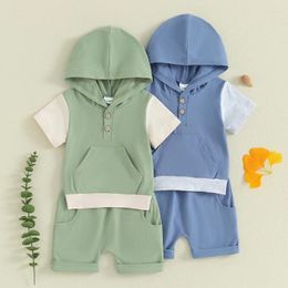 Clothing Sets Toddler Kids Baby Boys Summer Cotton Patchwork Colour Short Sleeve Pocket Hoodies Sweatshirts Shorts Tracksuits