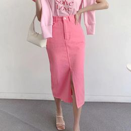 Skirts Spring/Summer Pink Black Vintage High Waist Split Slim Fit Denim Skirt Women
