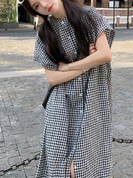 Party Dresses Sweet Casual Latticed Princess Mid-Calf Women Dress Japanese Cotton Summer Loose Black Long Refreshing Short Sleeve