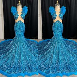 Feathers Lace Appliques Prom Dresses Mermaid Gorgeous Illusion Court Gown Sleeveless Backless Zipper Custom Made Shining Party Evening Dress Vestido De Noite