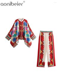 Women's Two Piece Pants Aonibeier Printed Women Loose Shirt Suits 2024 Summer Batwing Sleeve Kimono Blouse Female Oversize Top Wide