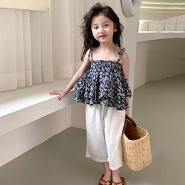 Clothing Sets 2pcs/set Children's Sweet Princess Skin-friendly Floral Sling Shirt Loose Wide Leg Pants Kids Girls Fashion Beach Suits