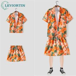 Beach Style Men Hawaiian Shirt Two Piece Set Vintage Graphic Print 2 Piece Outfit Summer Short Sleeve Shirt Shorts Suits 240430