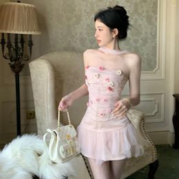 Work Dresses Sweet Girl Pink Skirt Suit Women's 3D Flower Lace Sleeve Strapless Tops High Waist A-line Gauze 2 Piece Set Summer