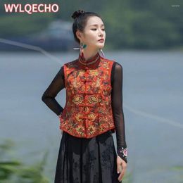 Ethnic Clothing 2024 Chinese Vintage Vest National Flower Embroidery Satin Jacquard Waistcoat Retro Sleeveless Jacket