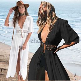 Women Beach Wear Wear Fashion Long Maxi Dress Women Beach Cover Up Outing Tunic Pareo White V Neck Dresses Robe Swimsuit 2024 New Beachwear d240507