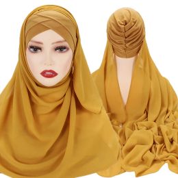 Scarves Scarves Instant Hijabs Chiffon Hijab Scarf With Cross Jersey Caps Bonnet Brand Design Muslim Scarf 230301