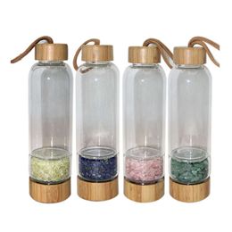 Cover Bottle Bamboo 450Ml Natural Crystal Broken Gems Glass Cup Outdoor Camping Kettle Household Water Cups s